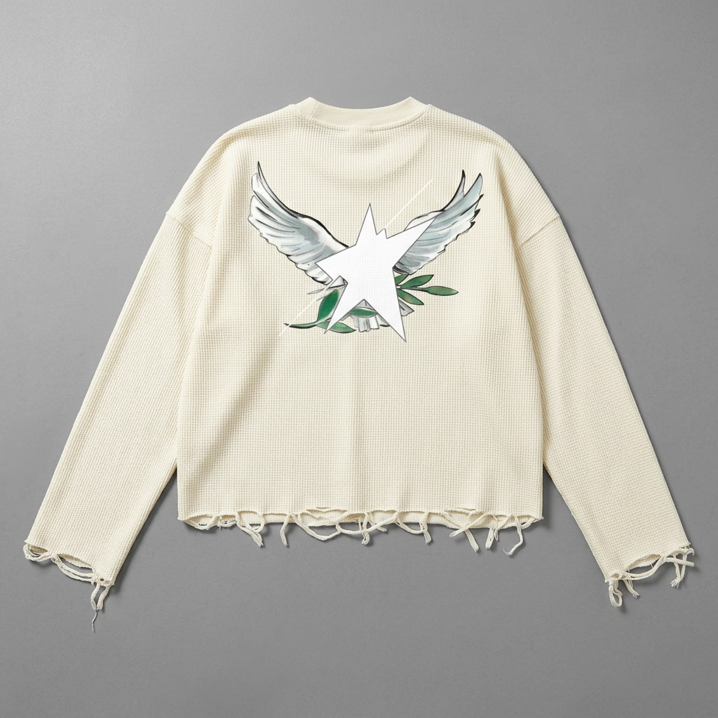 Cream distressed waffle long-sleeve back floor visual