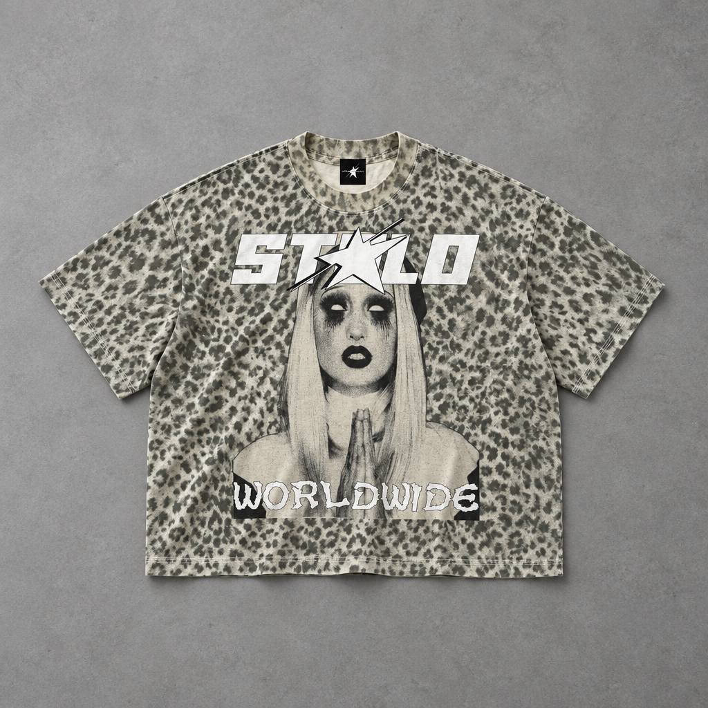 Cream leopard STOLO WORLDWIDE tee floor lay