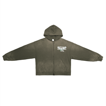 Limited Edition Stolo Clothing Co Birdies Post-Apocalyptic Pure Cotton Hand-Frayed Monkey Washed Double Zip Up Hoodie