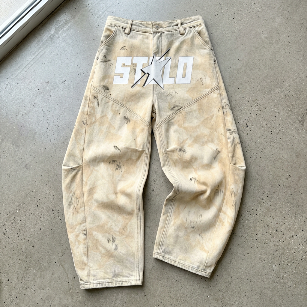 Dirty washed curved blade jeans