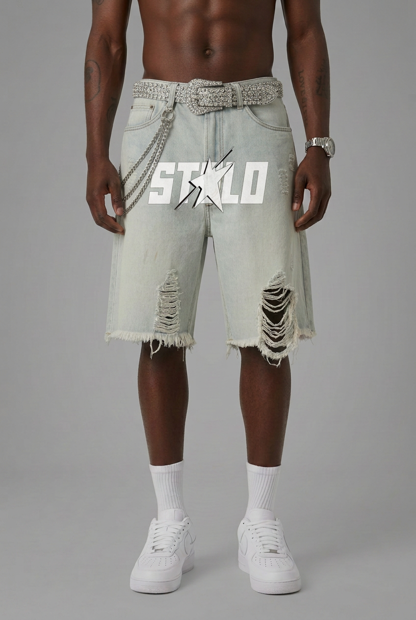 Distressed STOLO jorts with rhinestone belt and chains