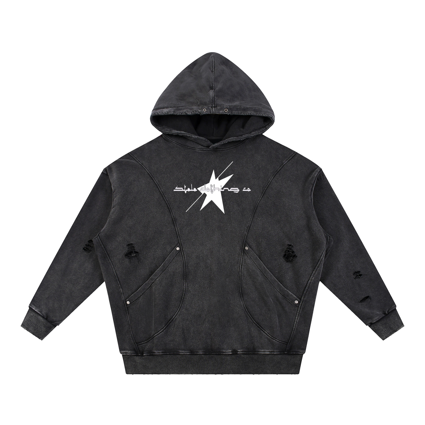 Stolo Clothing Co LOGO Distressed Snow Washed Panel Pocket Hoodie