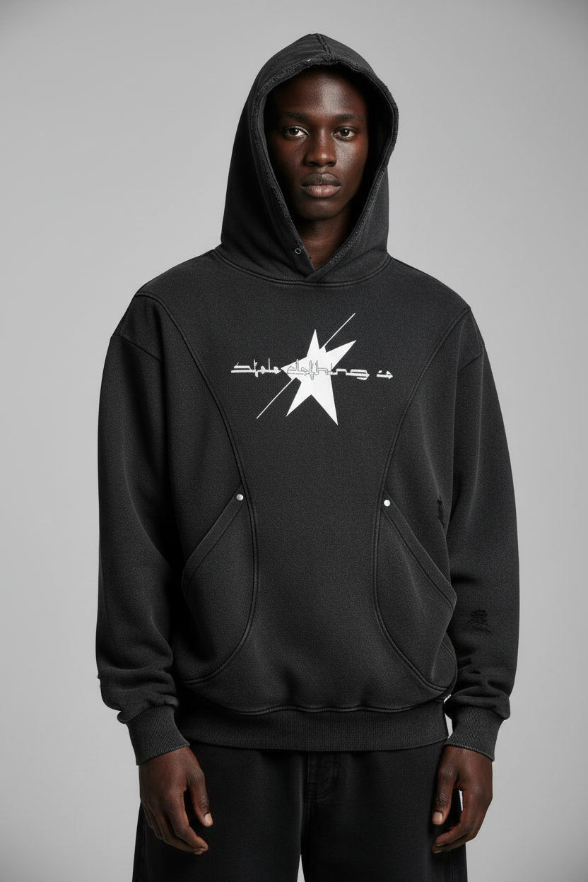 Stolo Clothing Co LOGO Distressed Snow Washed Panel Pocket Hoodie