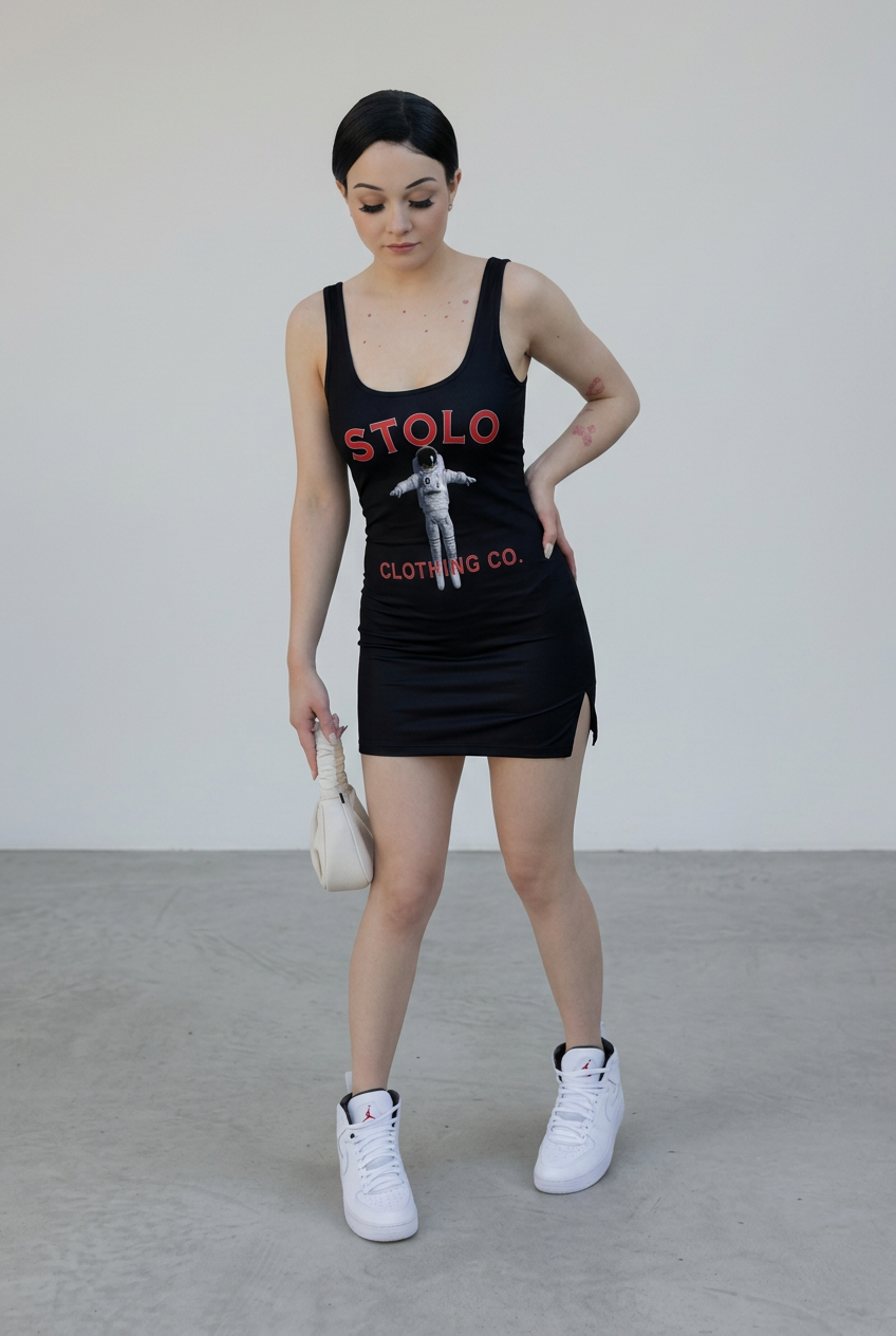 Front view of the STOLO tank bodycon dress on a model against a grey studio background