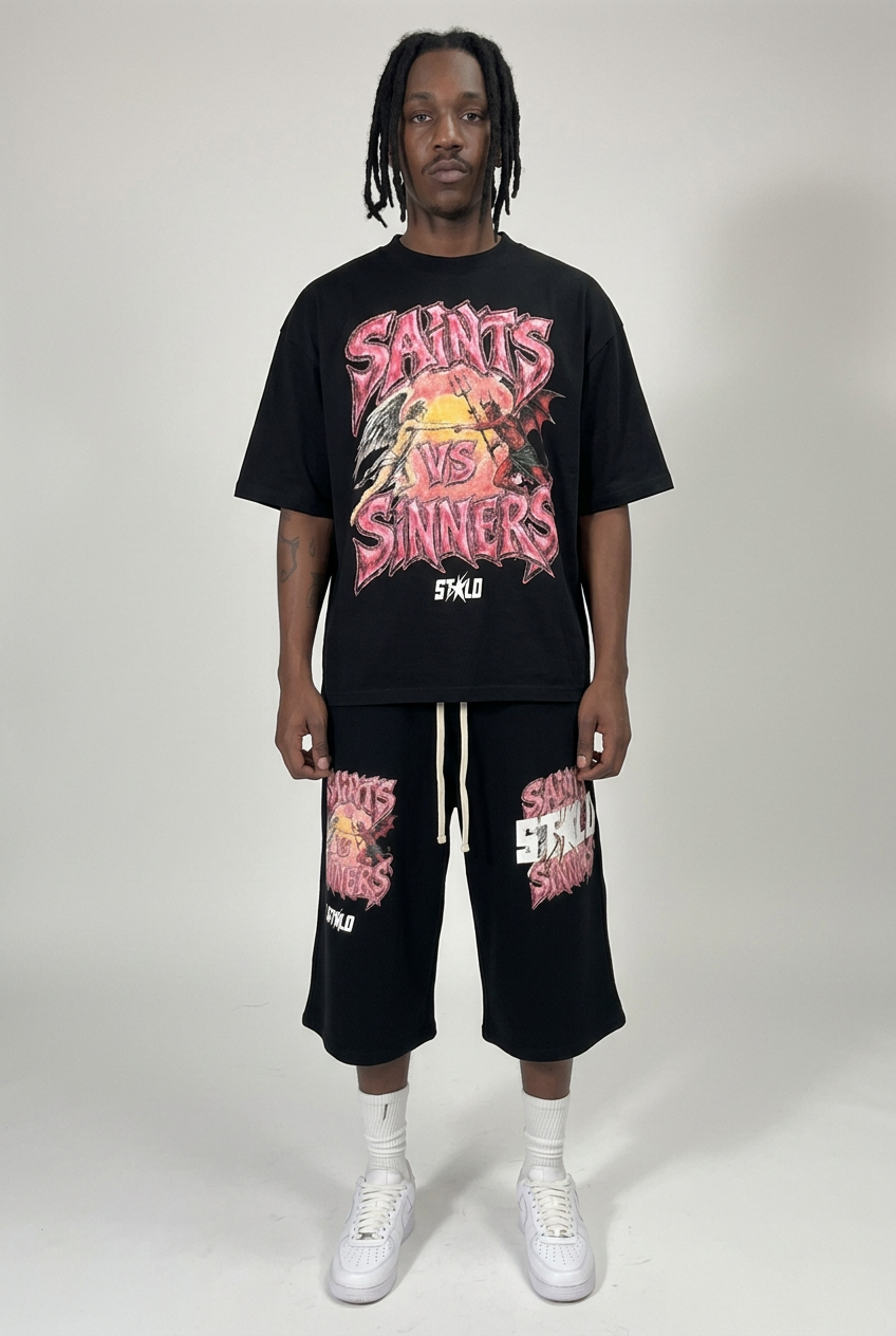 Full-body black Saints VS Sinners tee outfit