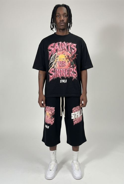 Full-body black Saints VS Sinners tee outfit