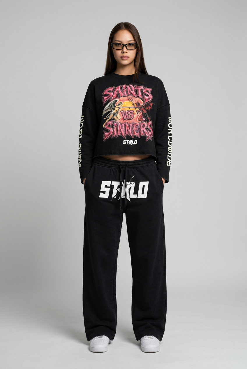 Full-body front pose in cropped sweater and REBORN sweatpants