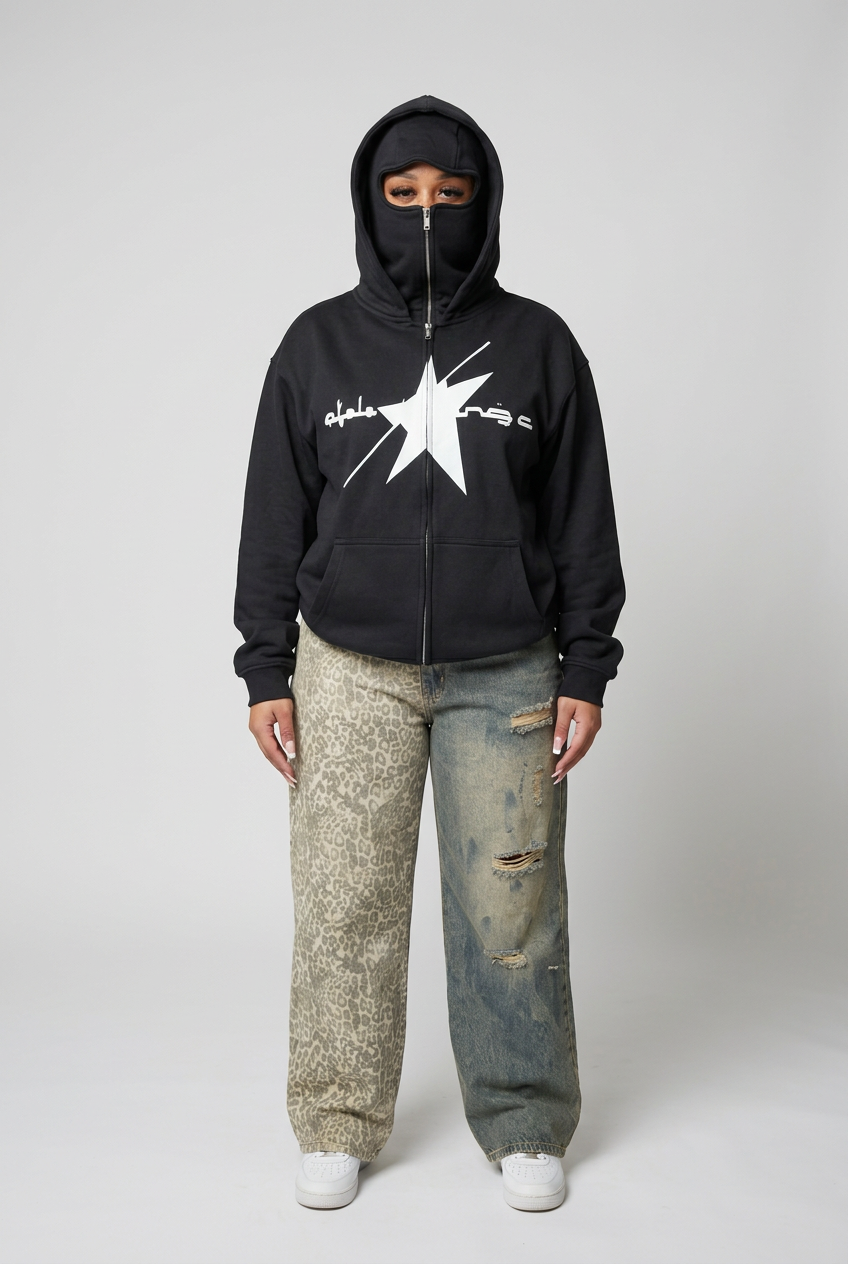 Full-body front studio photo in mask hoodie and split-panel jeans