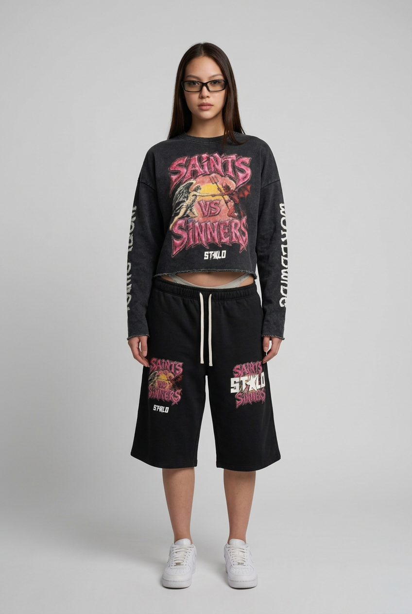 Full-body front view in cropped sweater and graphic shorts