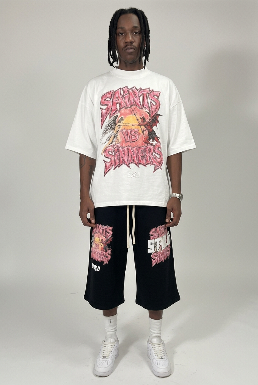 Full-body white Saints VS Sinners tee outfit