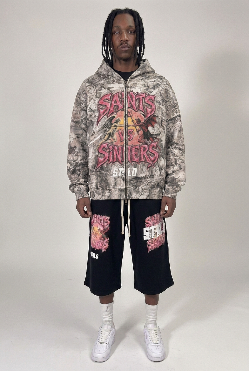 Fully zipped camo hoodie, front view