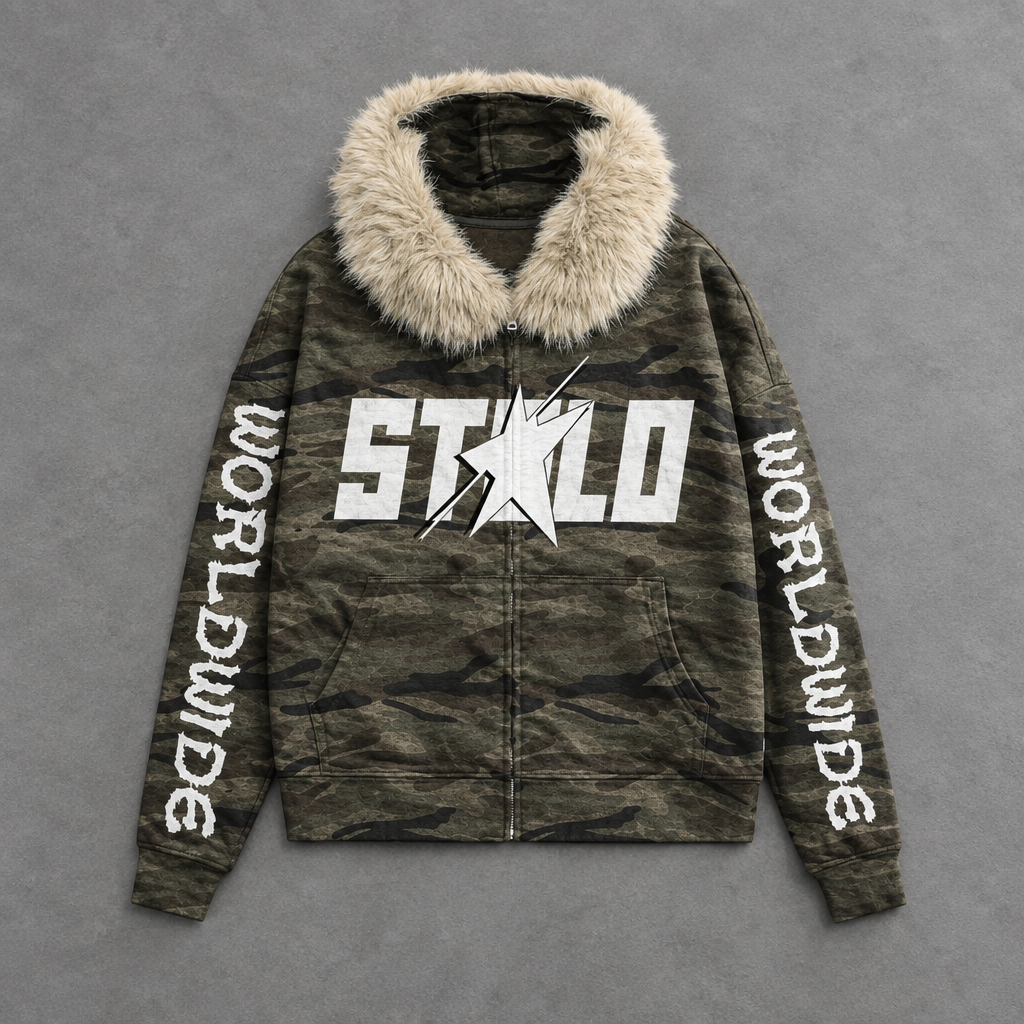 Fur-trim camo jacket flat lay