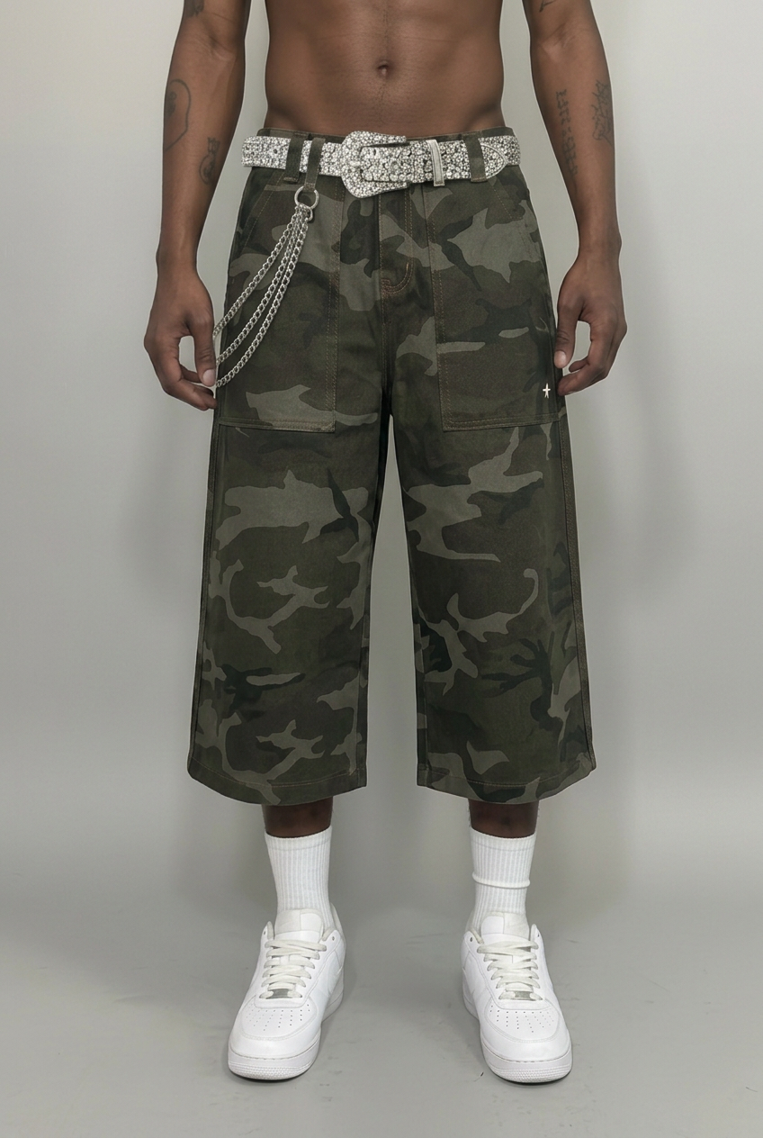 Green camo shorts with reference rhinestone belt