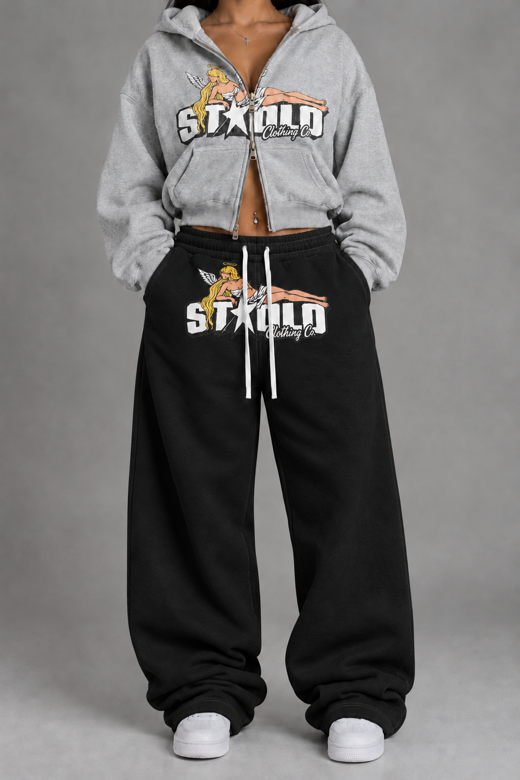 Grey angel hoodie paired with black angel sweatpants