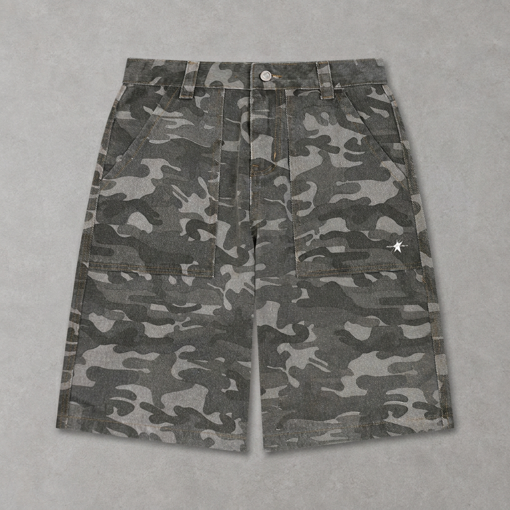 Grey camo shorts on concrete floor