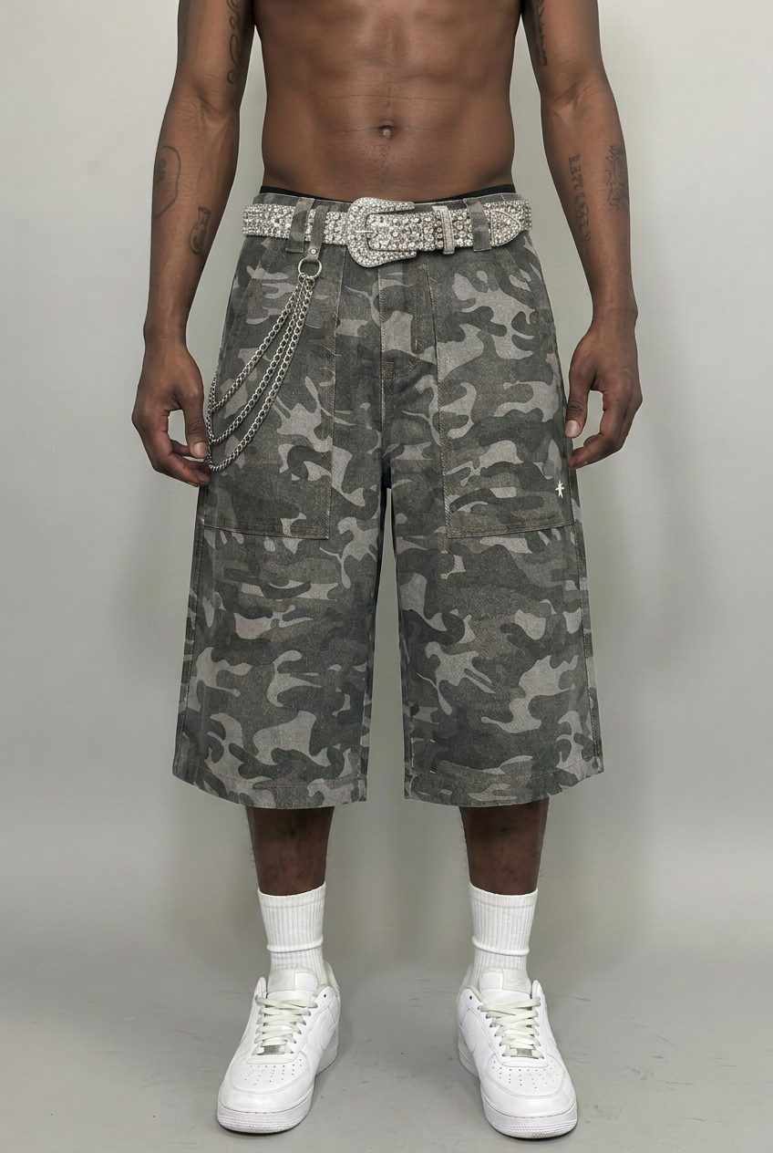 Grey camo shorts with reference rhinestone belt