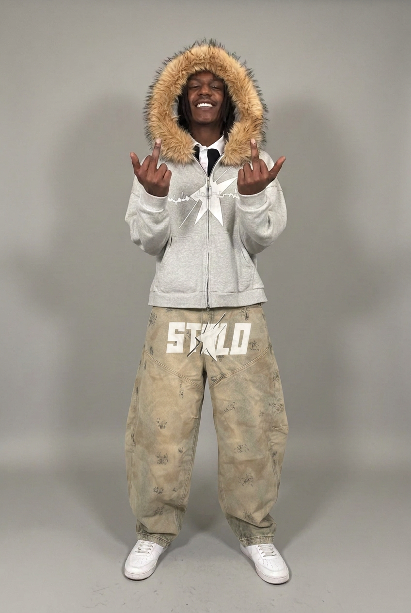 Grey fur hoodie with jeans texture matched to the last photo