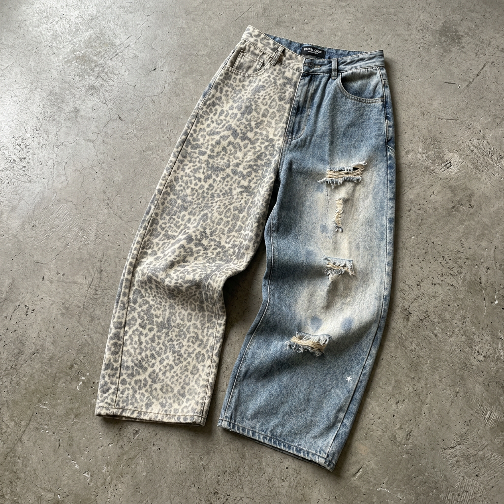 Half-leopard jeans with more natural floor placement