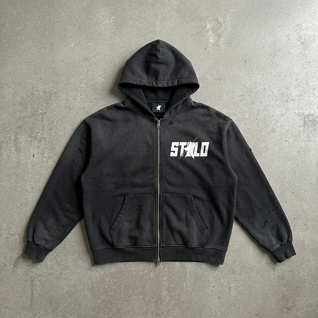 Hand-frayed Starchild double zip-up on grey studio floor
