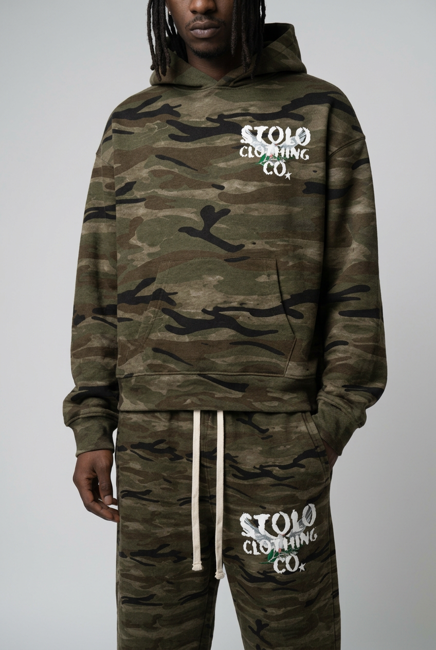 Heavyweight camo fabric, waistband, cuffs, and logo detail