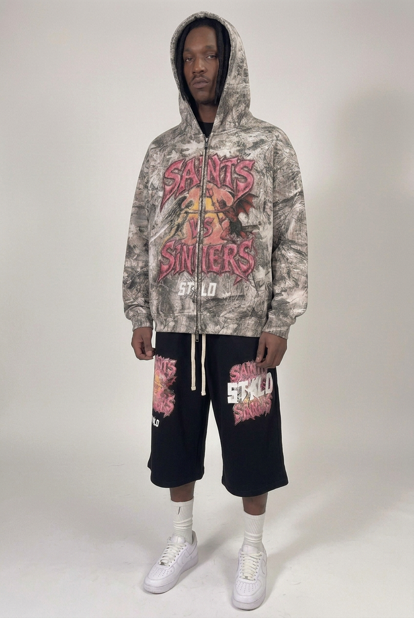 Hood-up zipped three-quarter view