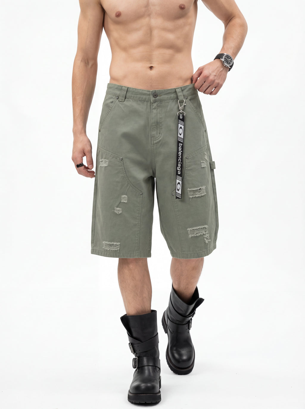 310GSM Heavyweight Cotton Enzyme Washed Distressed Workwear Pants Dark Green