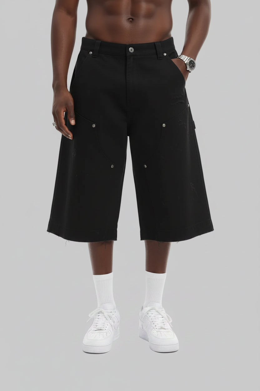 310GSM Heavyweight Cotton Enzyme Washed Distressed Workwear Pants Black