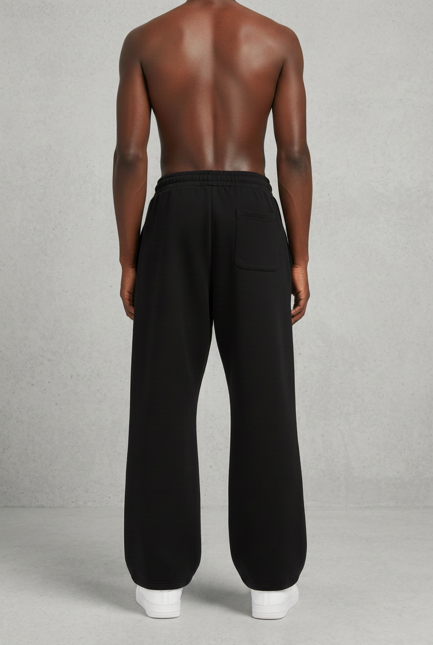 Back view of black STARCHILD super baggy sweatpants on model against a grey concrete studio backdrop
