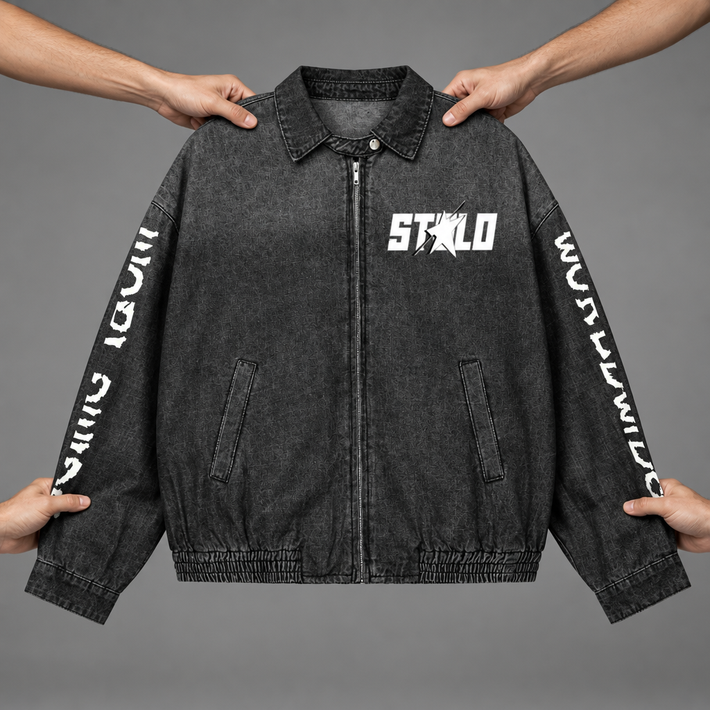 Jacket with floating hands on a grey studio background