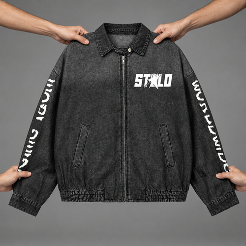 Jacket with floating hands on a grey studio background