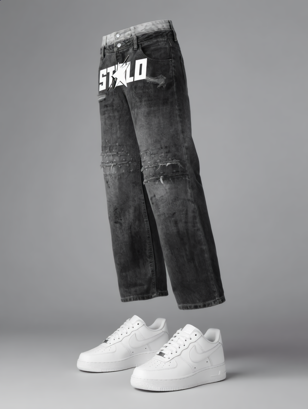 Stolo Clothing Co STARCHILD Double Waistband Faded Distressed Baggy Denim Jeans [BLACK & BLUE]