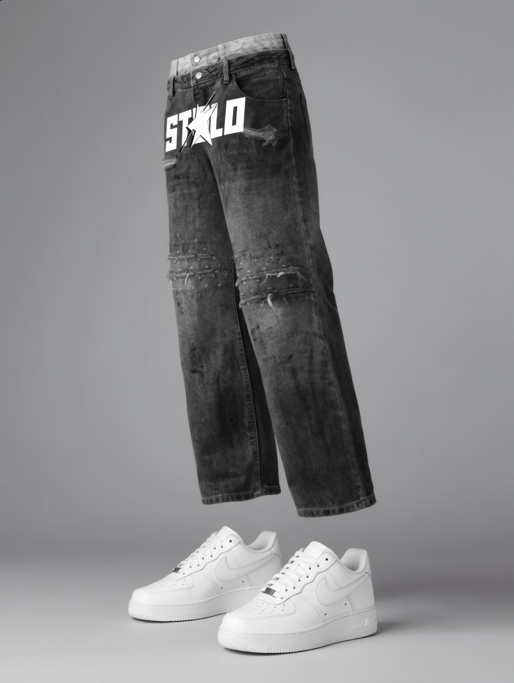 Stolo Clothing Co STARCHILD Double Waistband Faded Distressed Baggy Denim Jeans [BLACK & BLUE]