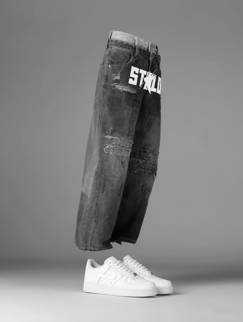 Stolo Clothing Co STARCHILD Double Waistband Faded Distressed Baggy Denim Jeans [BLACK & BLUE]