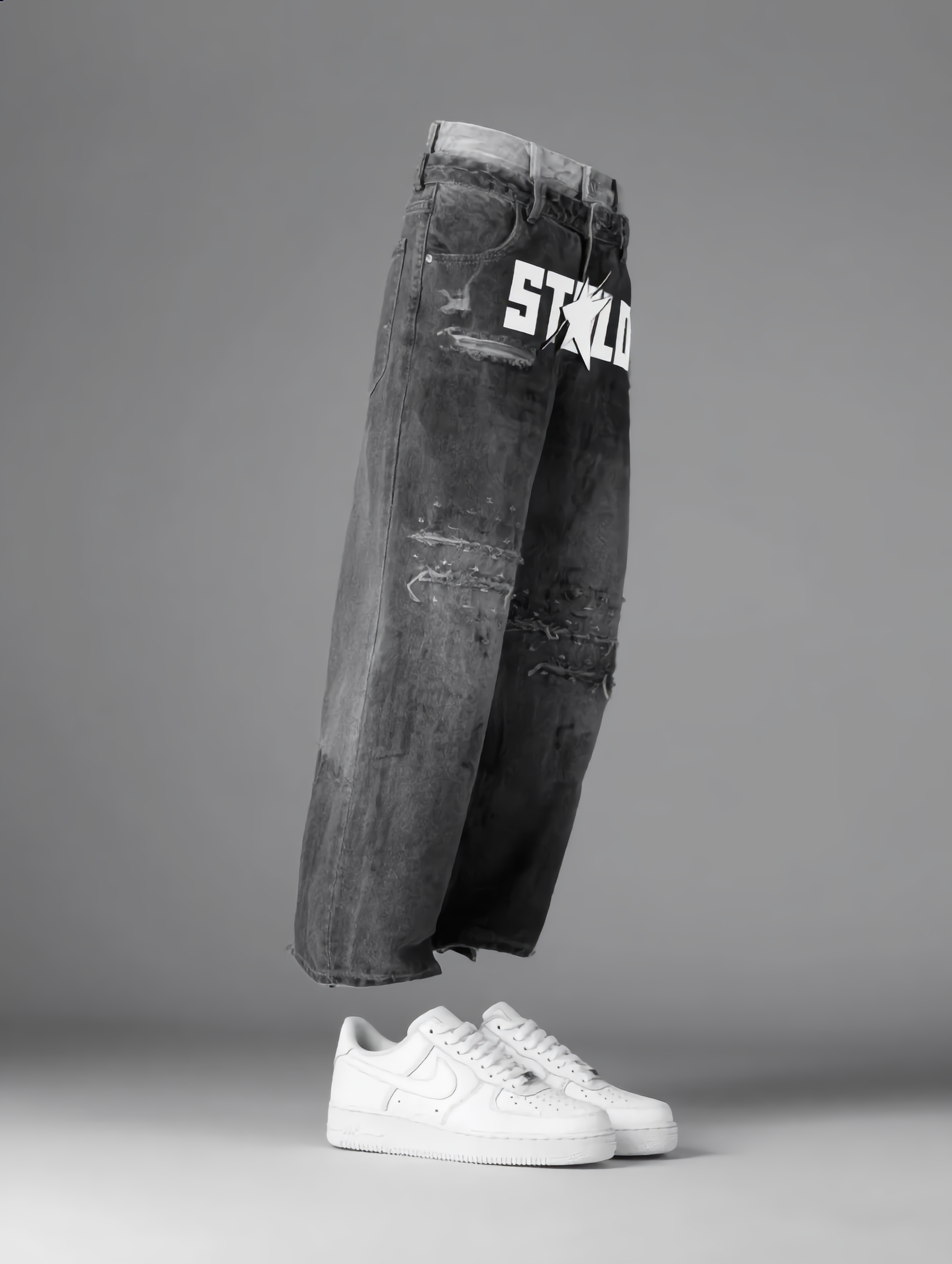 Stolo Clothing Co STARCHILD Double Waistband Faded Distressed Baggy Denim Jeans [BLACK & BLUE]