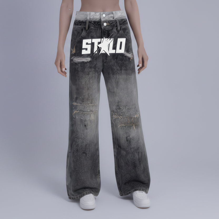 Stolo Clothing Co STARCHILD Double Waistband Faded Distressed Baggy Denim Jeans [BLACK & BLUE]