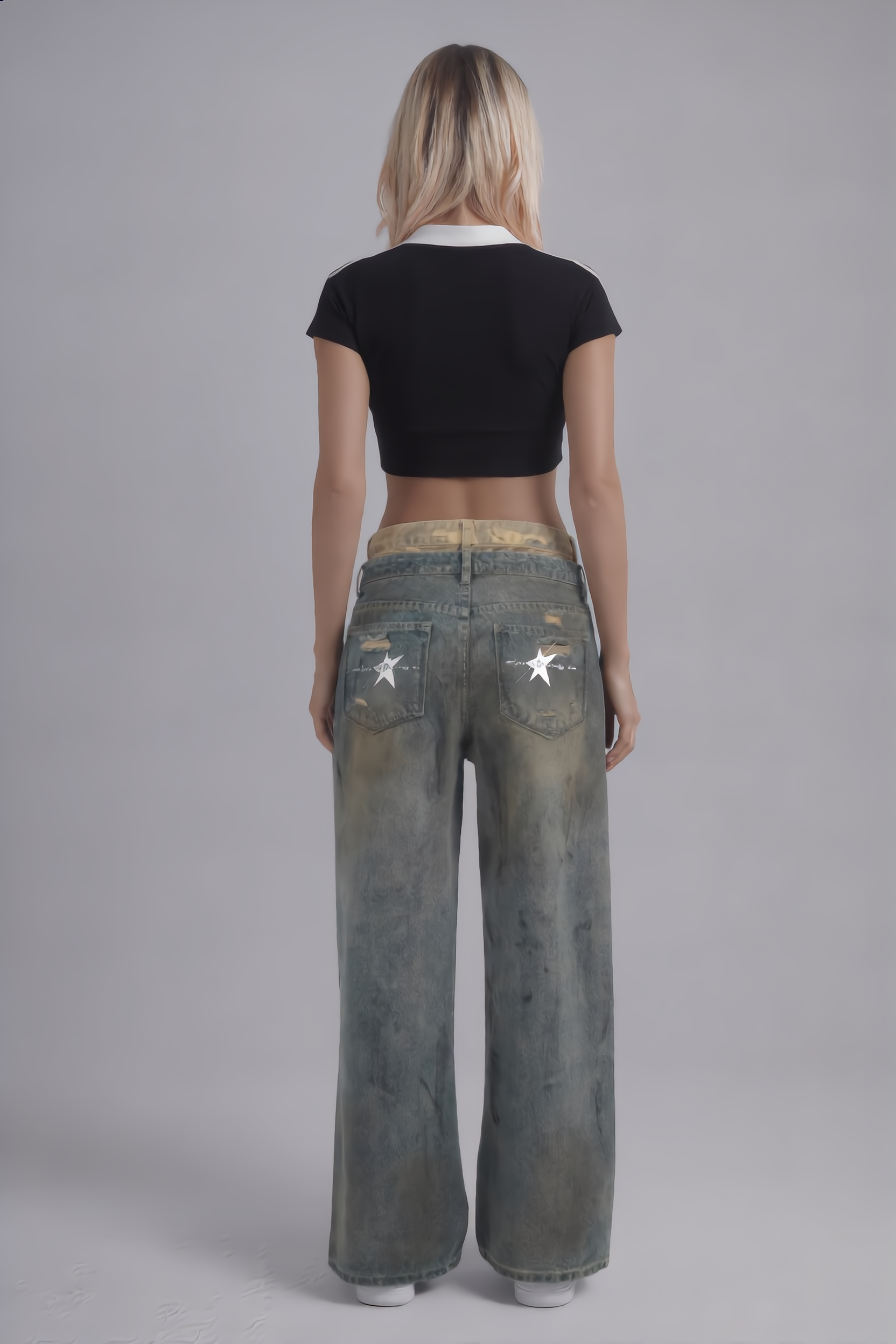 Stolo Clothing Co STARCHILD Double Waistband Faded Distressed Baggy Denim Jeans [BLACK & BLUE]