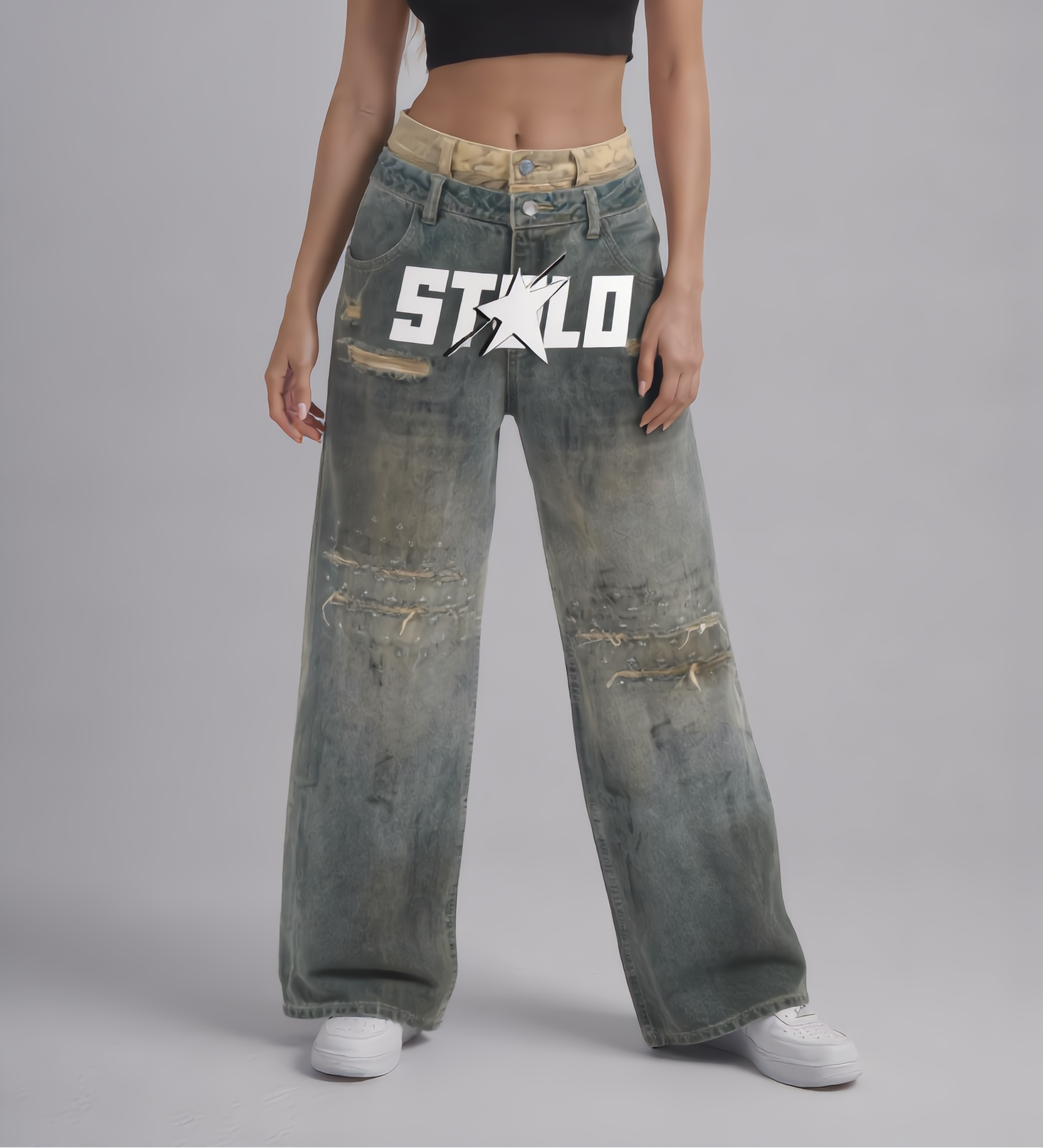 Stolo Clothing Co STARCHILD Double Waistband Faded Distressed Baggy Denim Jeans [BLACK & BLUE]