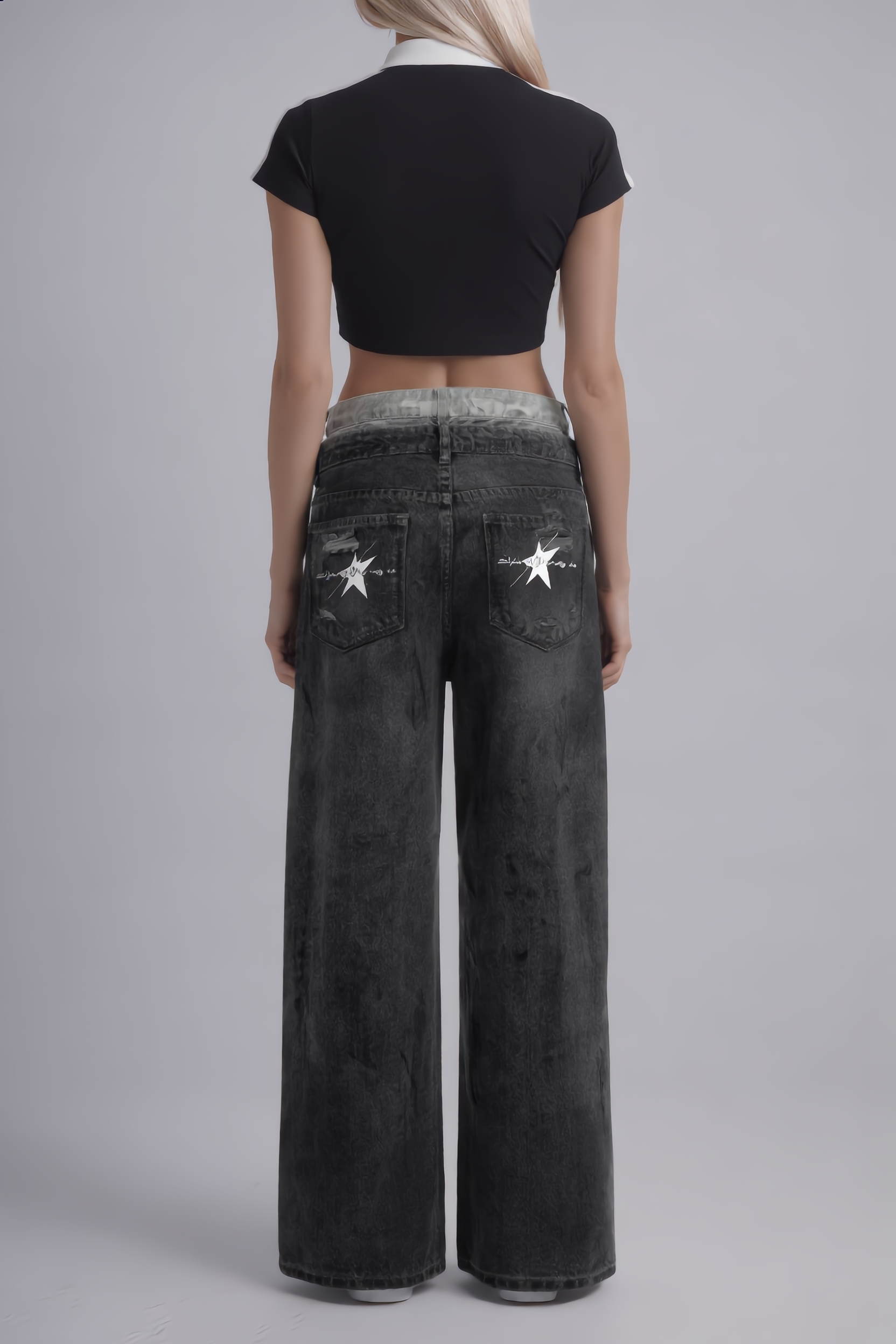 Stolo Clothing Co STARCHILD Double Waistband Faded Distressed Baggy Denim Jeans [BLACK & BLUE]