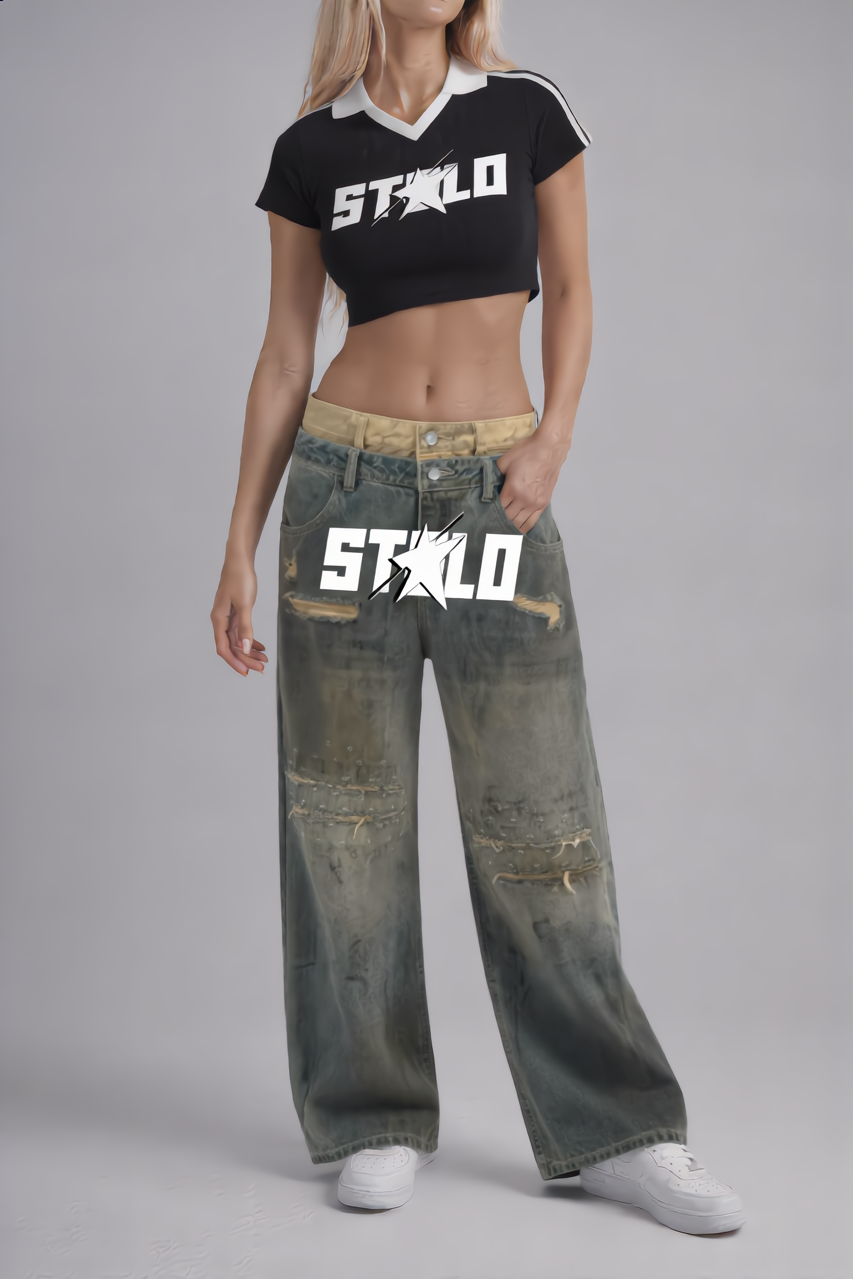 Stolo Clothing Co STARCHILD Double Waistband Faded Distressed Baggy Denim Jeans [BLACK & BLUE]