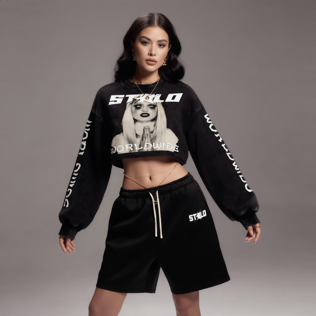 Stolo Clothing Co PREYING NUN Cropped Heavyweight Washed Raw-Edge Crew Neck Sweatshirt (380GSM)