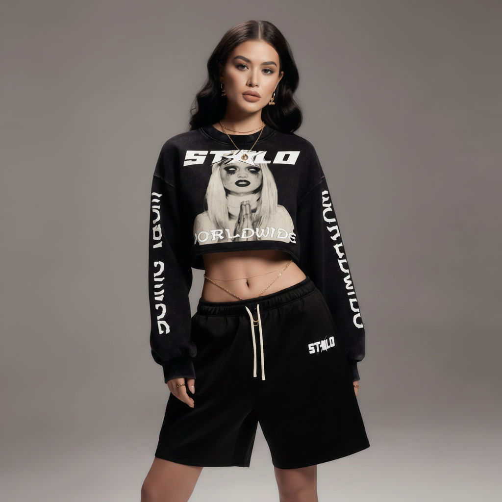 Stolo Clothing Co PREYING NUN Cropped Heavyweight Washed Raw-Edge Crew Neck Sweatshirt (380GSM)
