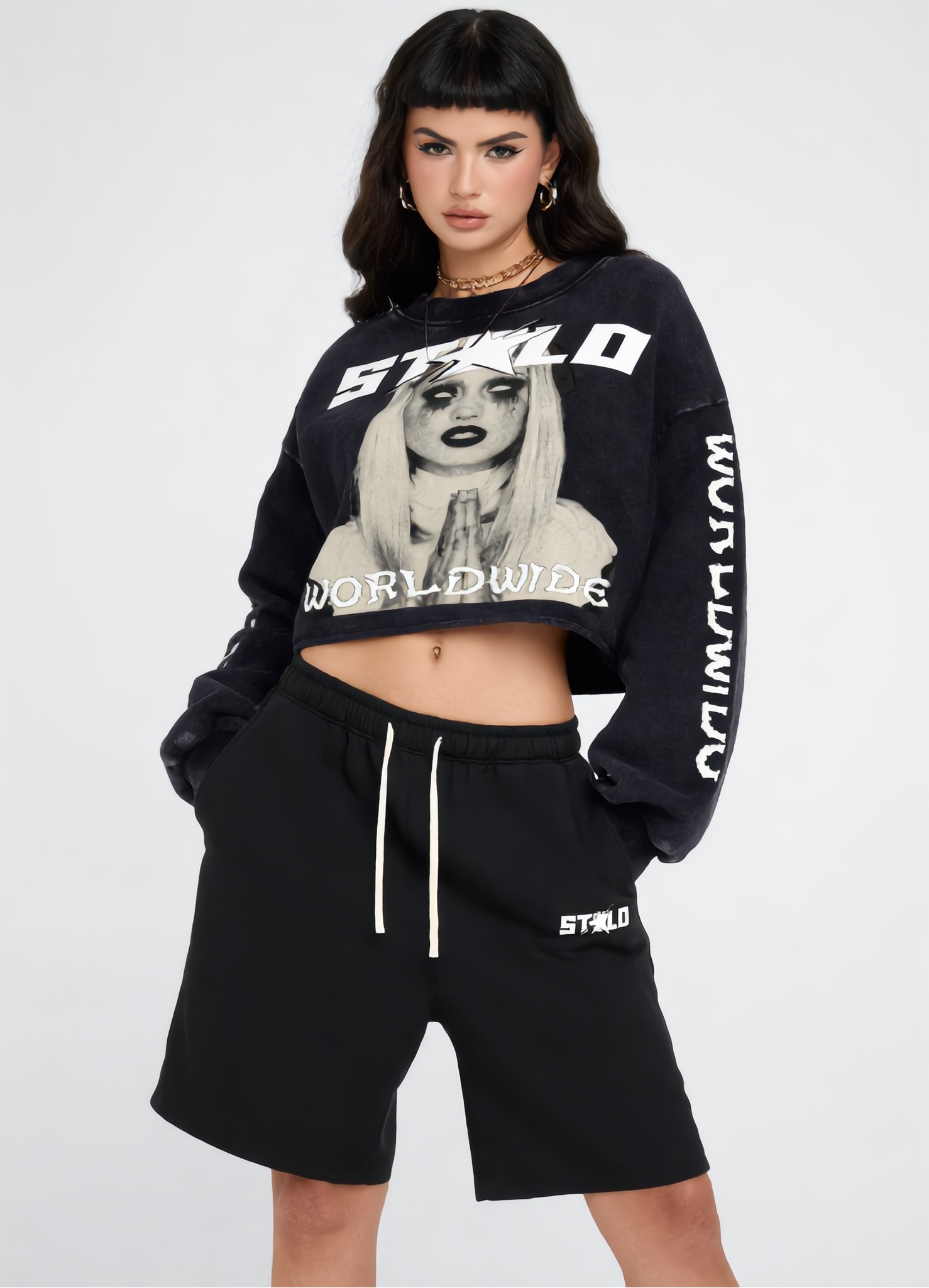 Stolo Clothing Co PREYING NUN Cropped Heavyweight Washed Raw-Edge Crew Neck Sweatshirt (380GSM)