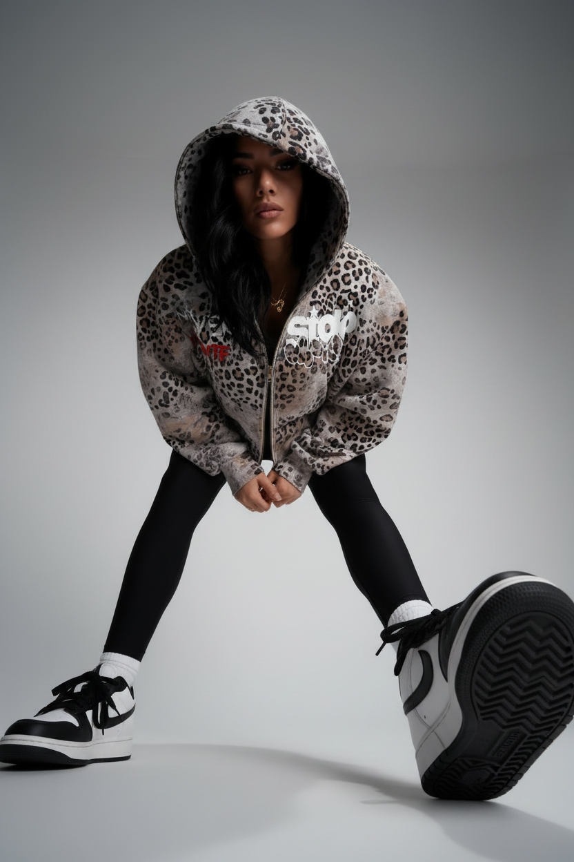 Stolo Clothing Co SKATE X R.T.K NEVER WANTED FAME Vintage Wash Leopard Full Zip Hoodie