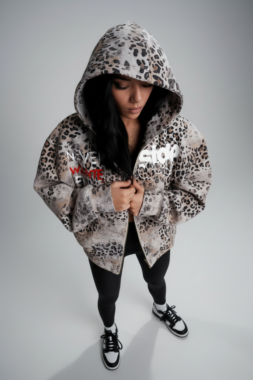 Stolo Clothing Co SKATE X R.T.K NEVER WANTED FAME Vintage Wash Leopard Full Zip Hoodie