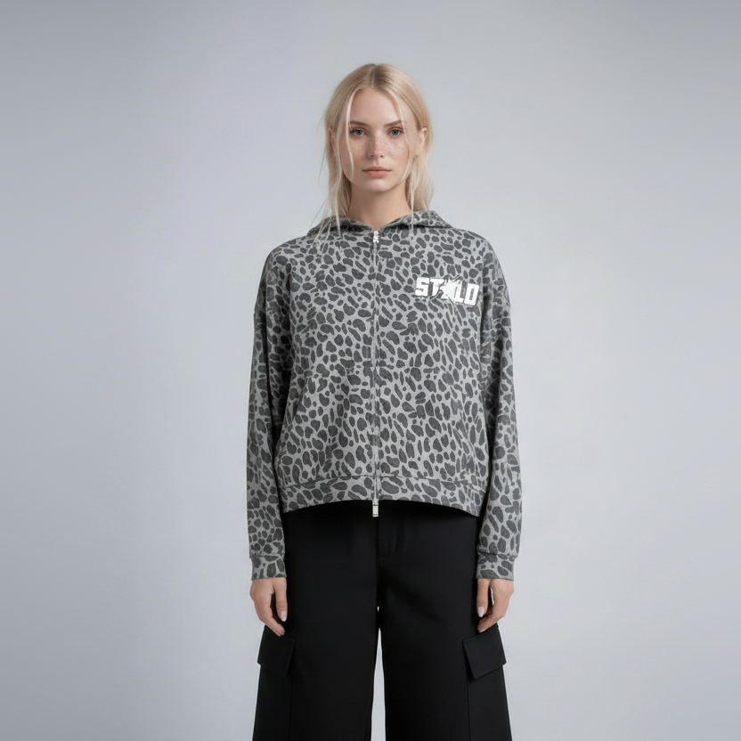 Stolo Clothing Co STARCHILD Leopard Print Waffle Texture Lightweight Double Zip Up Hoodie