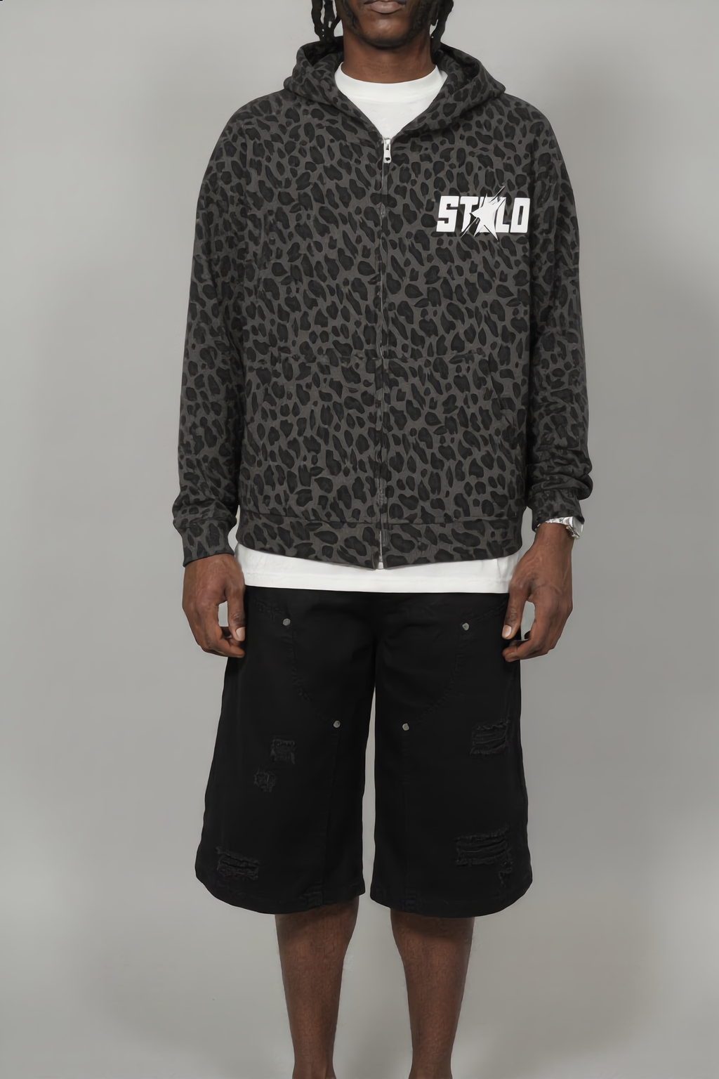 Stolo Clothing Co STARCHILD Leopard Print Waffle Texture Lightweight Double Zip Up Hoodie