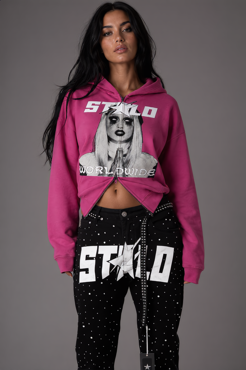 Stolo Clothing Co PREYING NUN Heavyweight Cropped Double Zip-Up Hoodie (460GSM)
