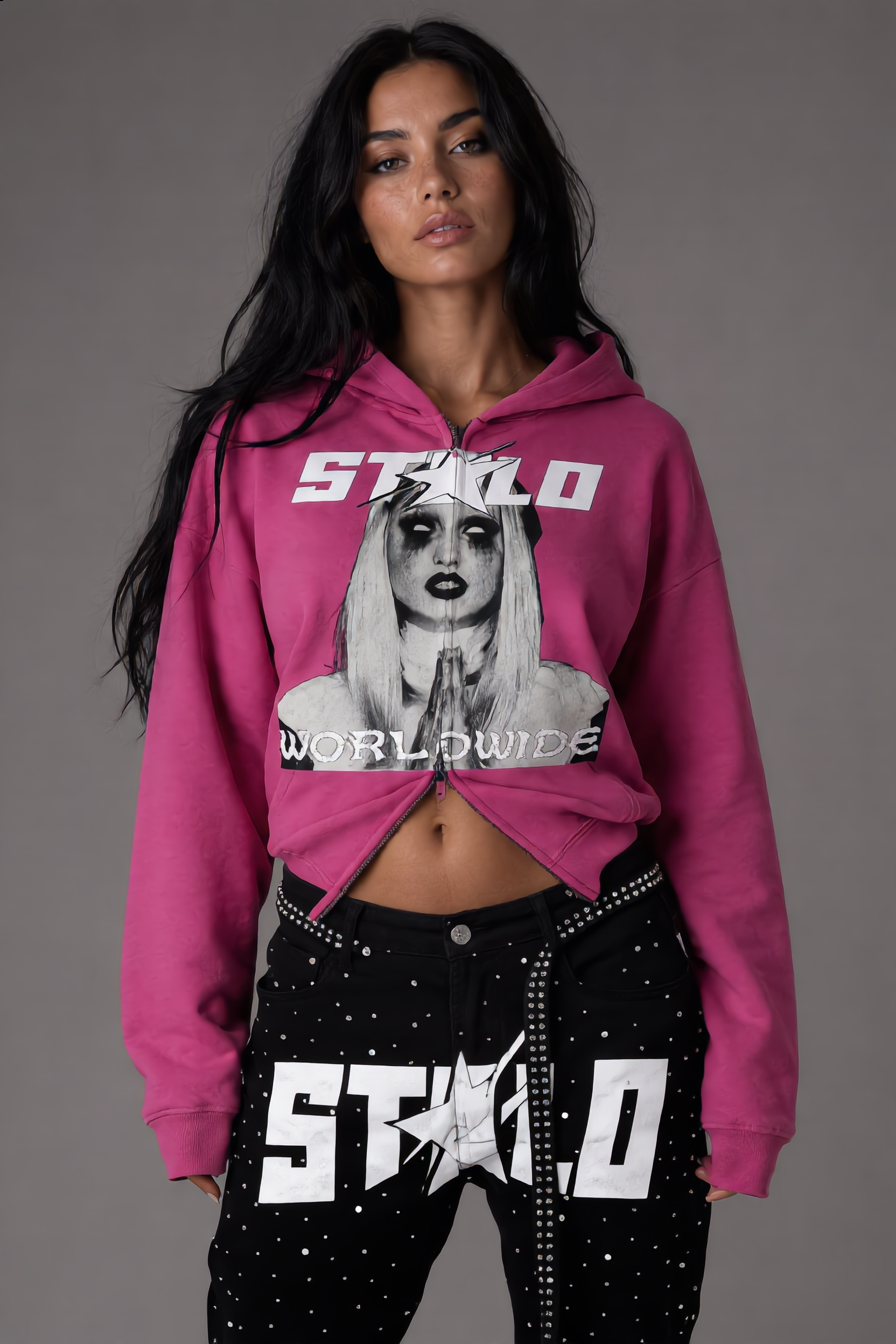 Stolo Clothing Co PREYING NUN Heavyweight Cropped Double Zip-Up Hoodie (460GSM)