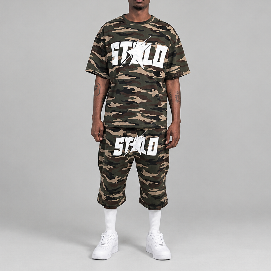 Landscape wide-view version of the camouflage outfit photo