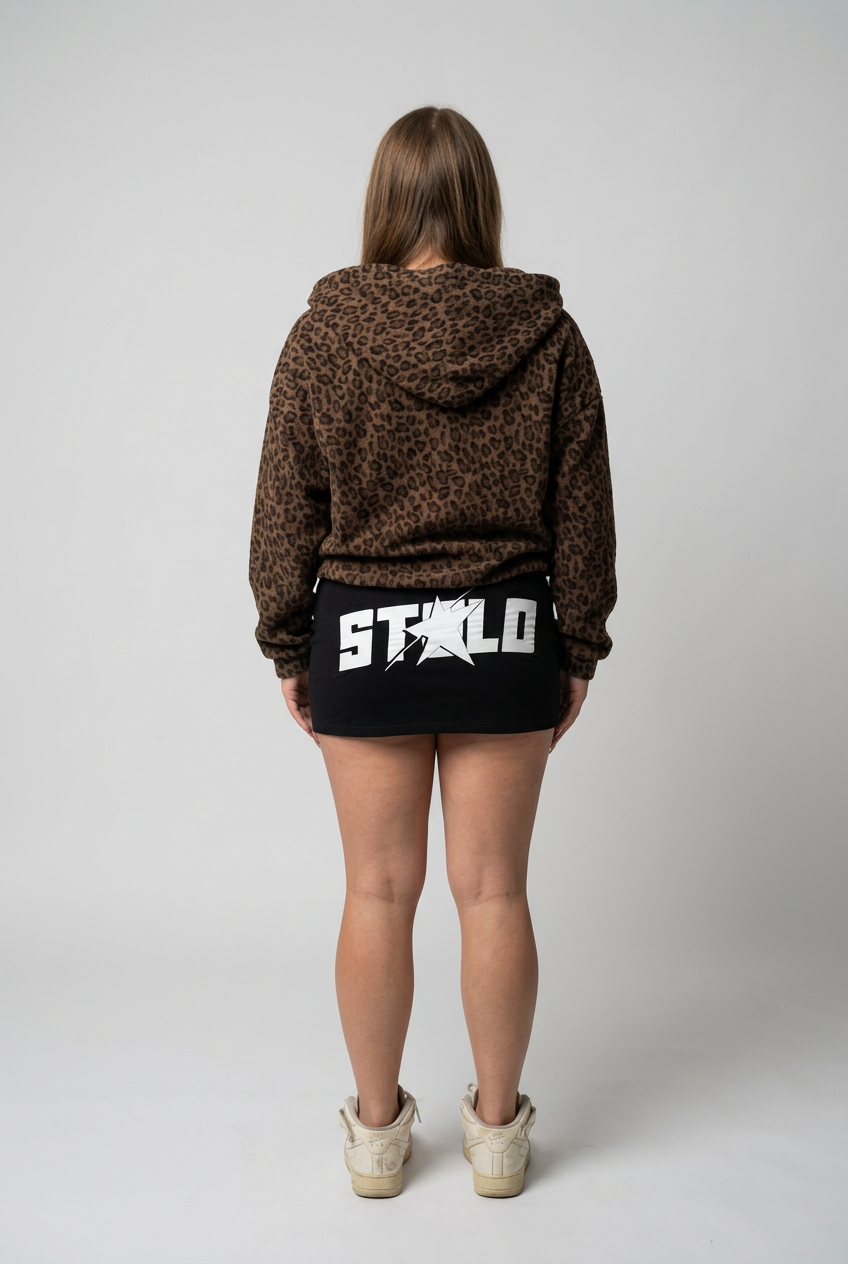 Leopard hoodie rear studio image